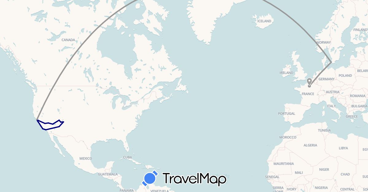 TravelMap itinerary: driving, plane in Denmark, France, United States (Europe, North America)
